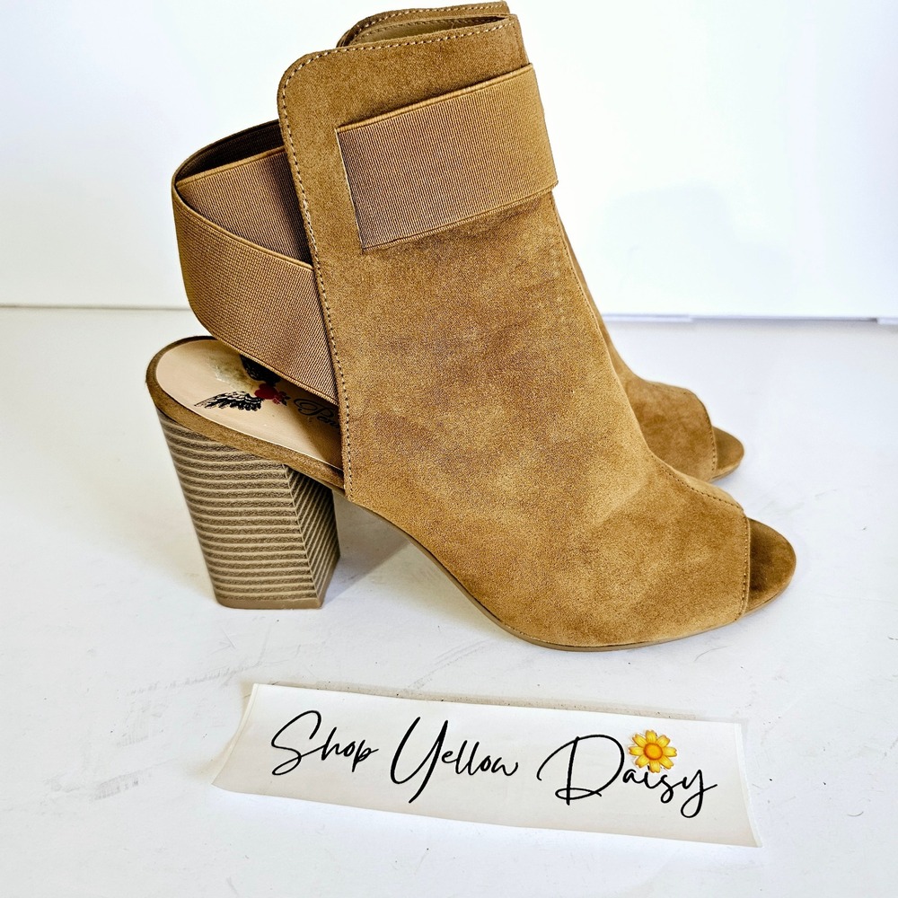 Penny Loves Kenny Tan Faux Suede Peep Toe Block Heel Slingback Booties 8M Boho